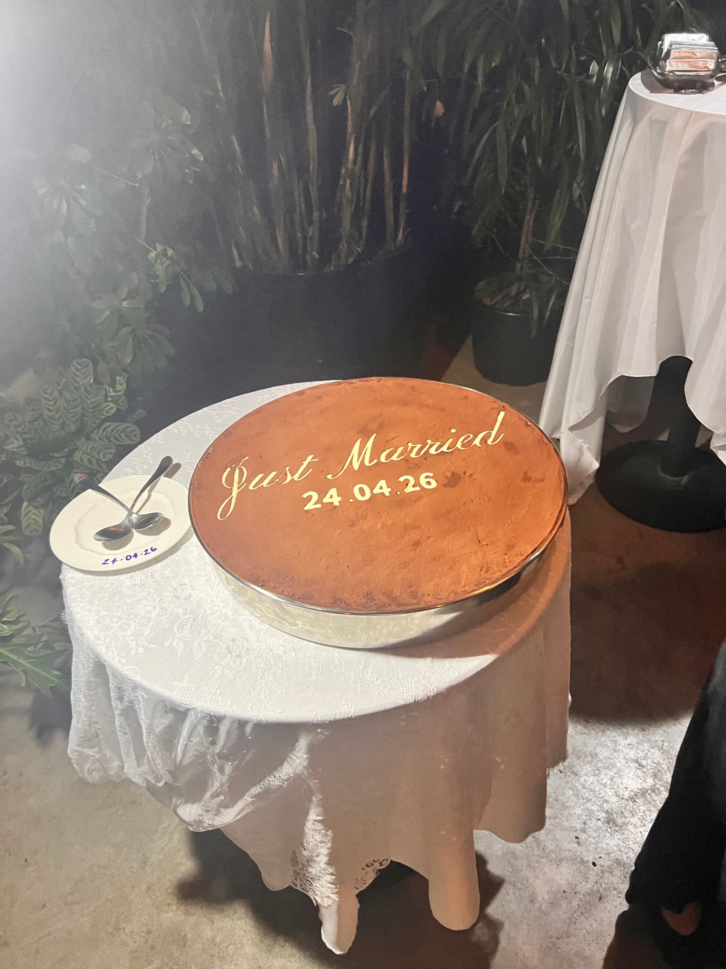 Just Married tiramisu slab at a wedding